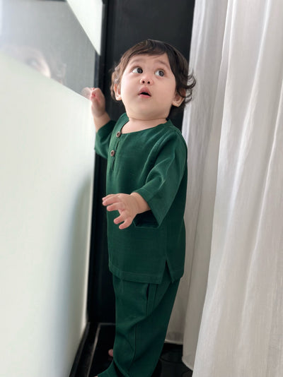 QAID Baby’s Teluk Belanga Baju Melayu Set in Emerald Green
