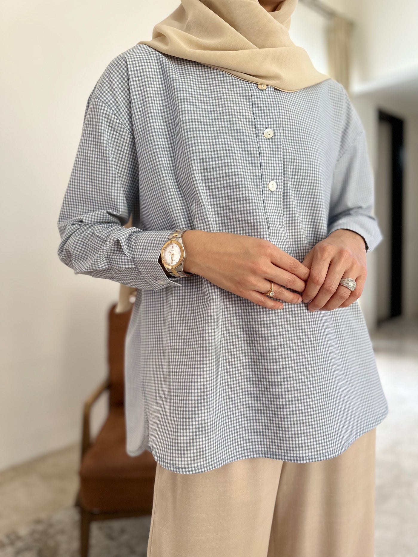ALMA Asymmetric Blouse in Blue Gingham (Top Only)
