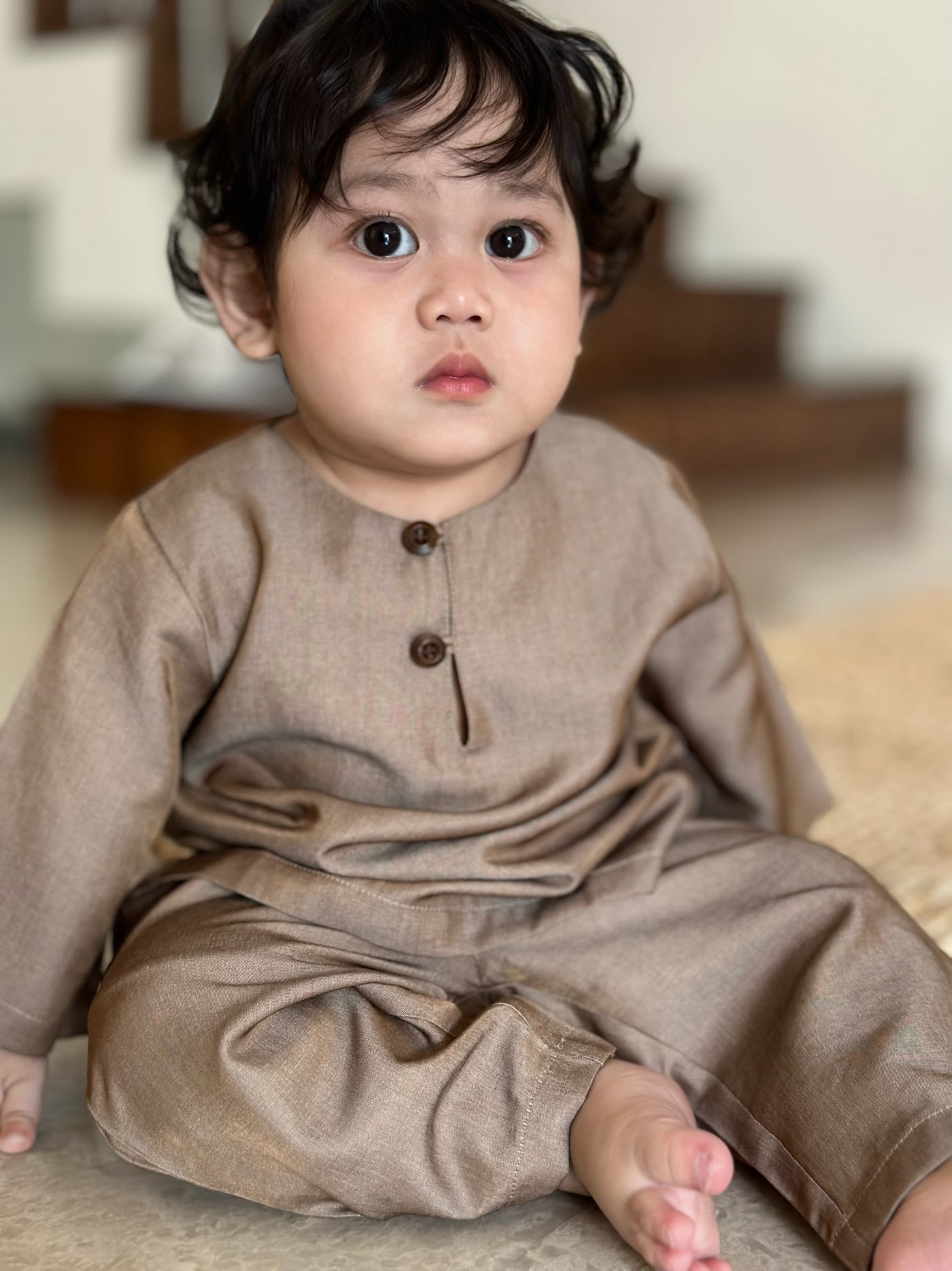 QAID Baby’s Teluk Belanga Baju Melayu Set in Taupe